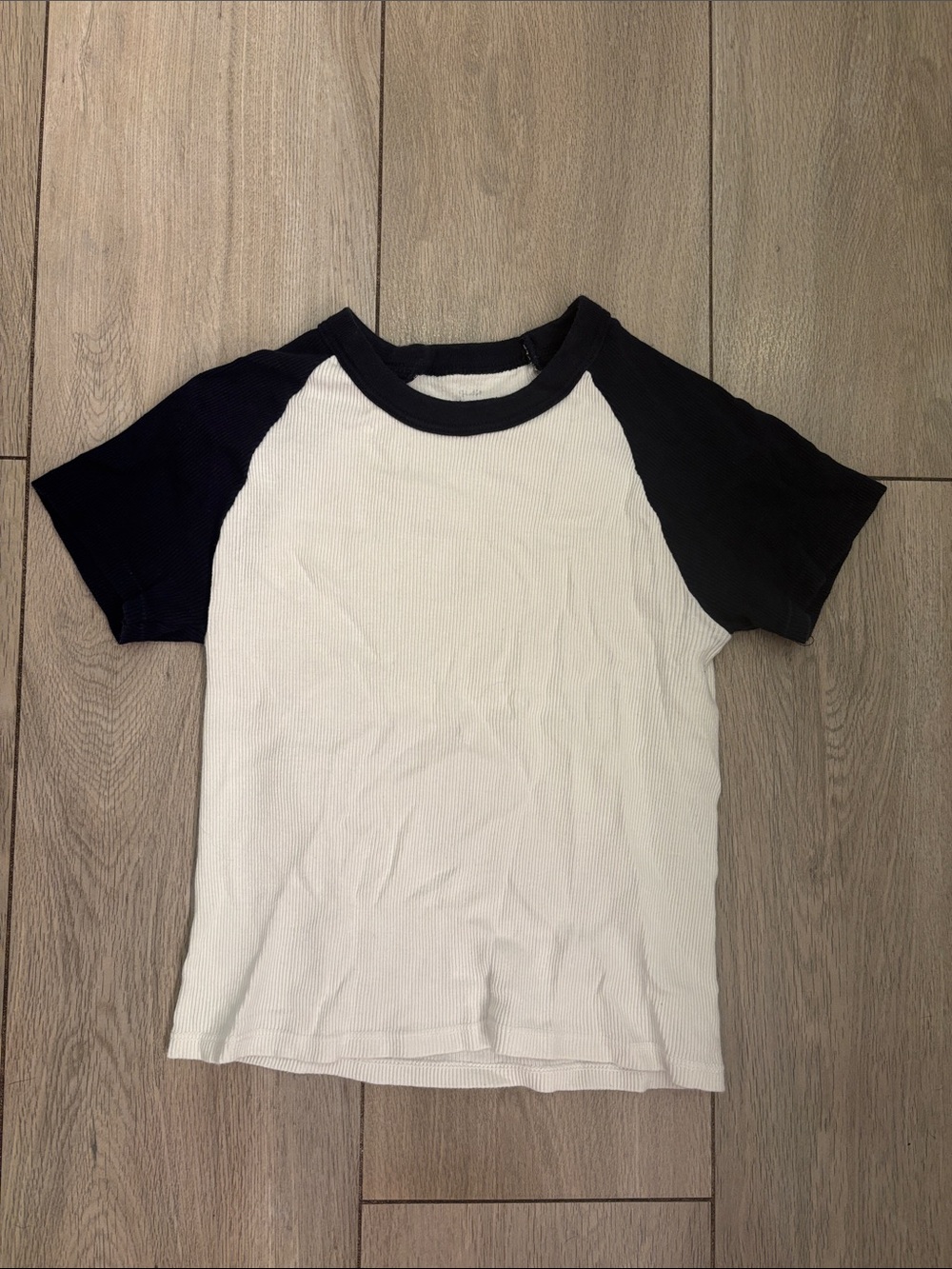 Brandy Melville White Tee with Navy Blue Raglan Sleeves